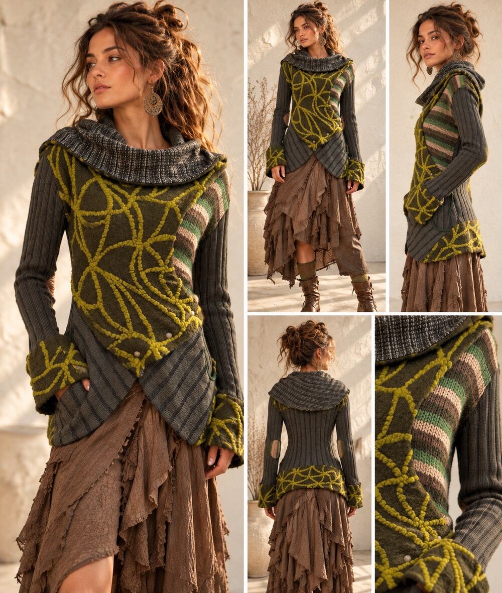 AIMEE G Wool Patchwork Lagenlook Boho Knit Avant Garde Fairy Cardigan Jacket MD